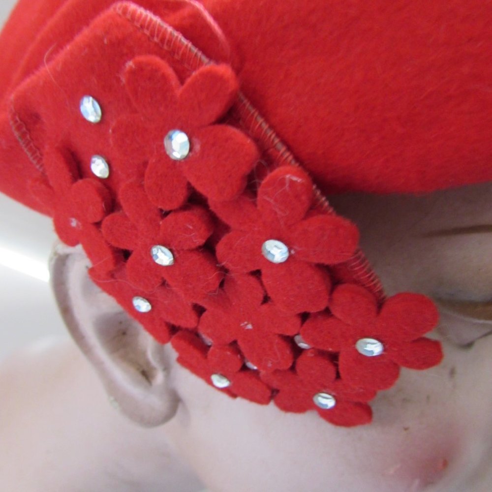 Sale Cute Mid Century Hat Cherry Red Felt Tiny Blossom Tab View 4